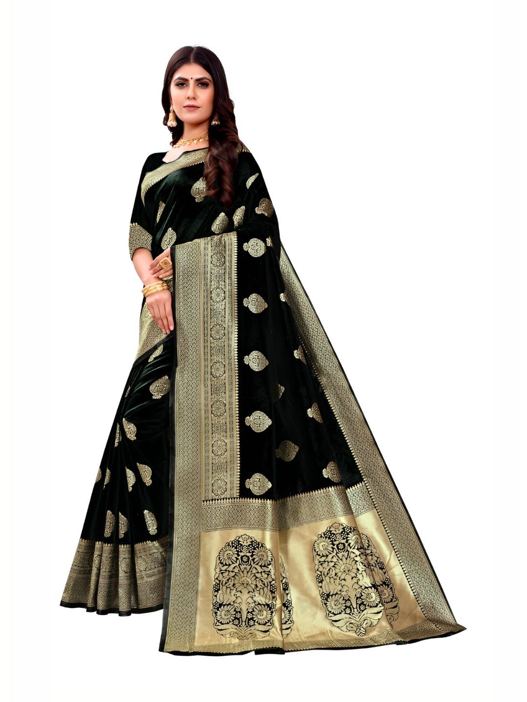 Aagrahi fashion Ethnic Motifs Woven Design Zari Kanjeevaram Saree With Unstitched Blouse-picture-20