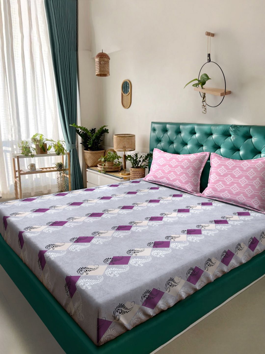 Myntra Elegant Homes Purple & White Printed Fitted 400 Cotton TC King Bedsheet Set-picture-29
