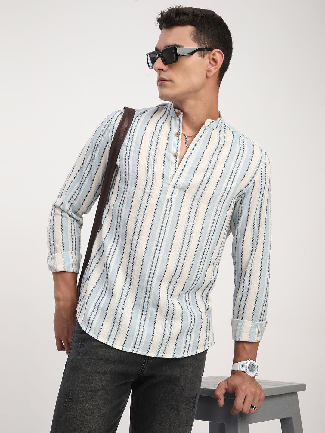 VASTRADO Men Striped Fusion Cotton Straight Kurta-picture-28