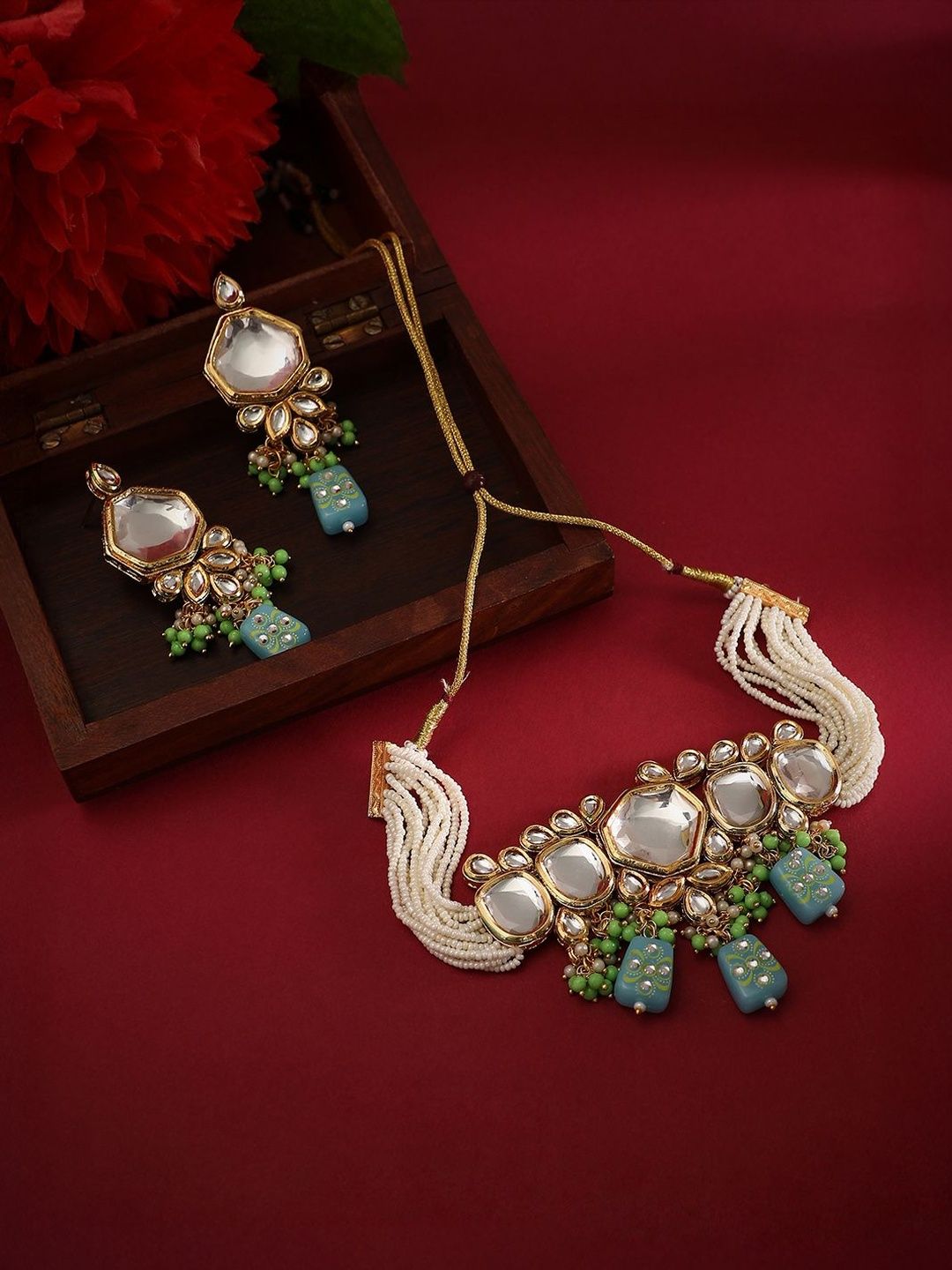 SOHI Blue White Gold-Plated Kundan-Studded & Beaded Necklace & Earrings Jewellery Set-picture-11