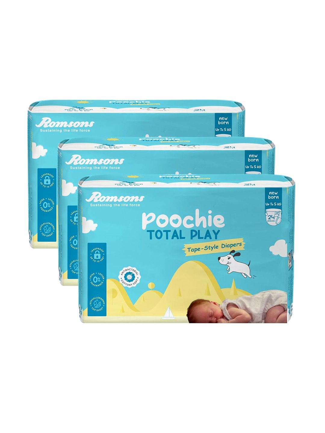 Romsons Infants Set Of 3 Poochie Total Play Tape Style Baby Diapers - NB - 24-Pcs Each-picture-44