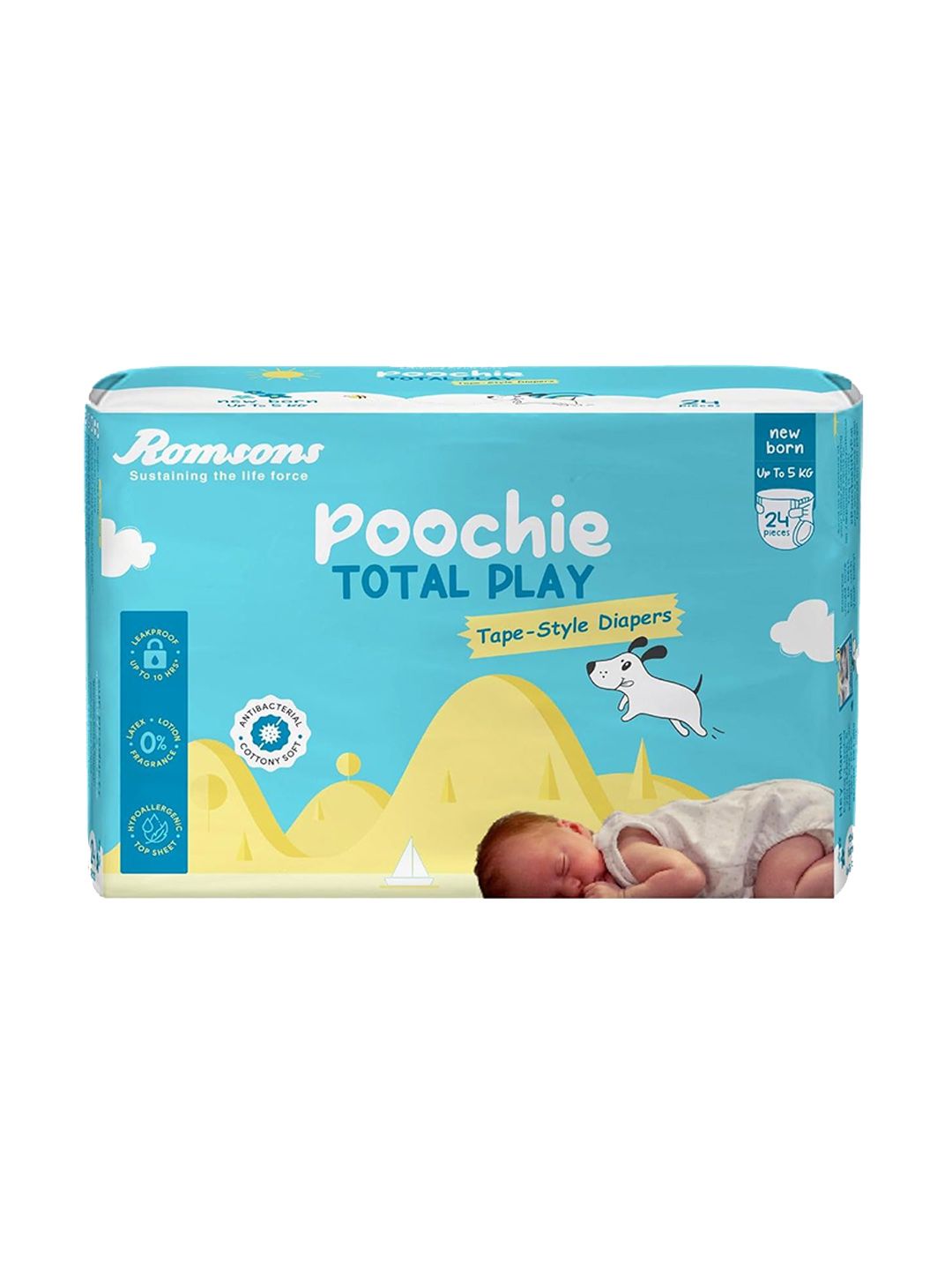 Romsons Infants Poochie Total Play Tape Style Baby Diapers - NB - 24-Pcs