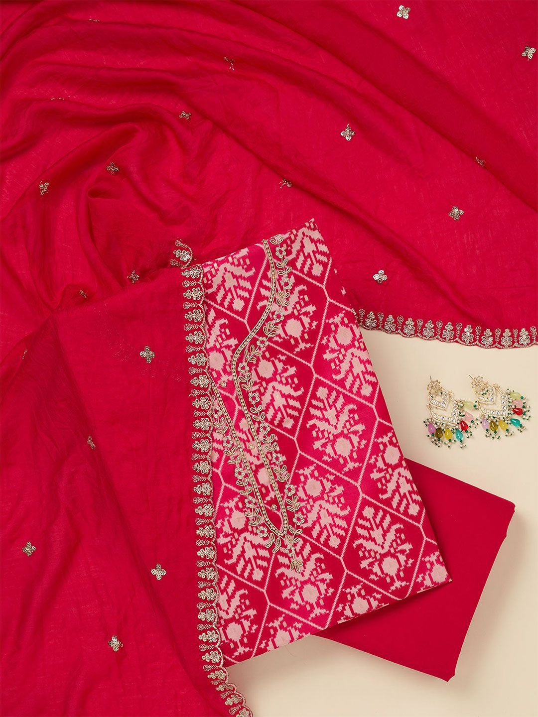 Koskii Ethnic Motifs Printed Cutdana Unstitched Dress Material