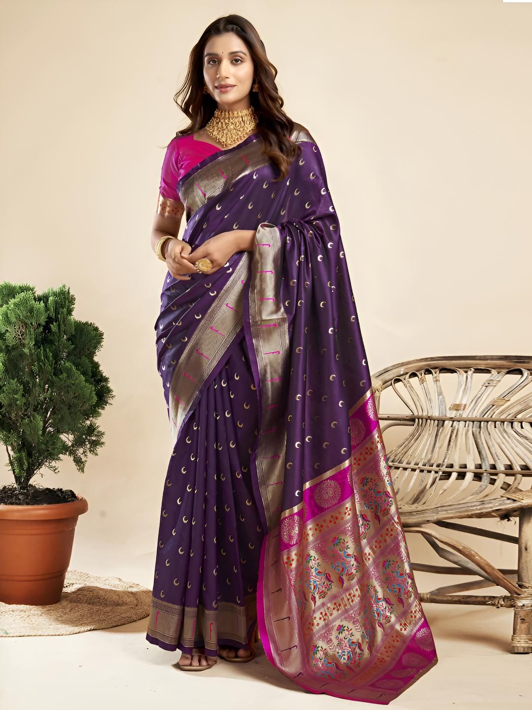 Aagrahi fashion Ethnic Motifs Woven Design Zari Paithani Saree With Unstitched Blouse-picture-12