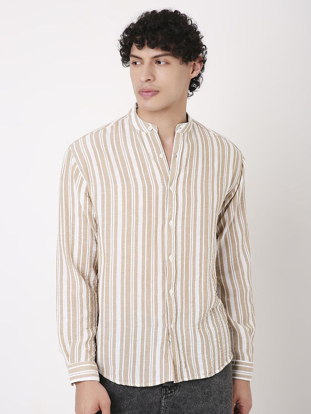 Blnk Men Relaxed Fit Vertical Striped Band Collar Casual Shirt-picture-35