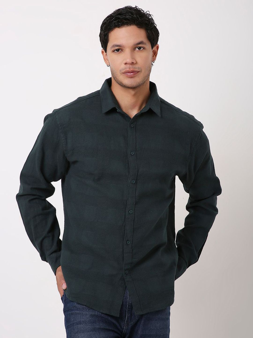 Blnk Men Relaxed Fit Textured Spread Collar Cotton Casual Shirt-picture-32