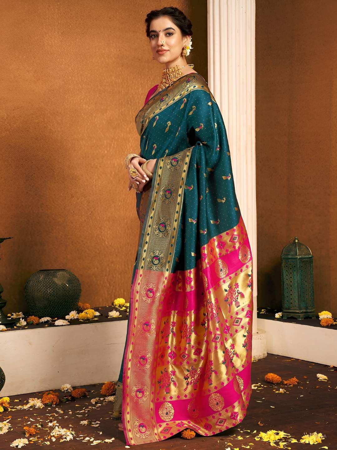 Aagrahi fashion Ethnic Motifs Woven Design Zari Paithani Saree With Unstitched Blouse-picture-13