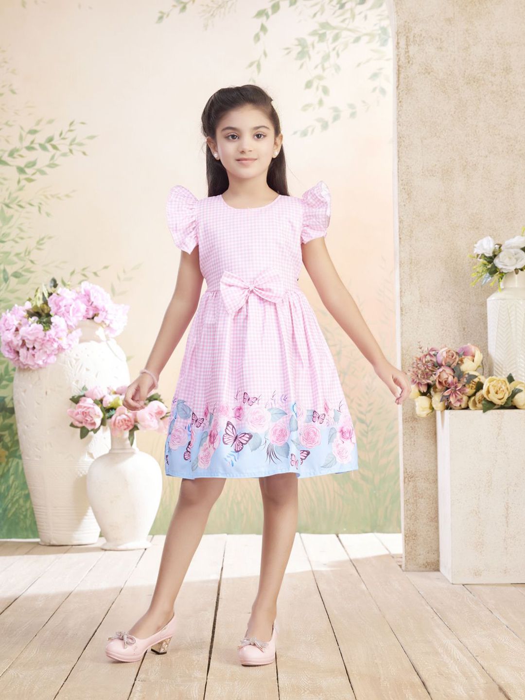BAESD Girls Checked Flutter Sleeves Bow-Applique Floral Cotton Fit & Flare Dress-picture-20