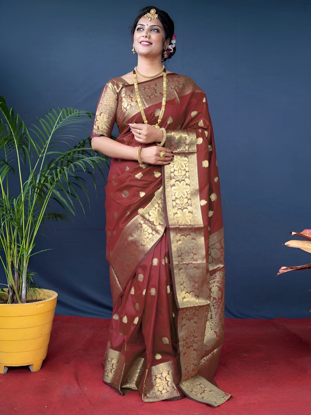 Aagrahi fashion Ethnic Motifs Woven Design Zari Kanjeevaram Saree With Unstitched Blouse-picture-27
