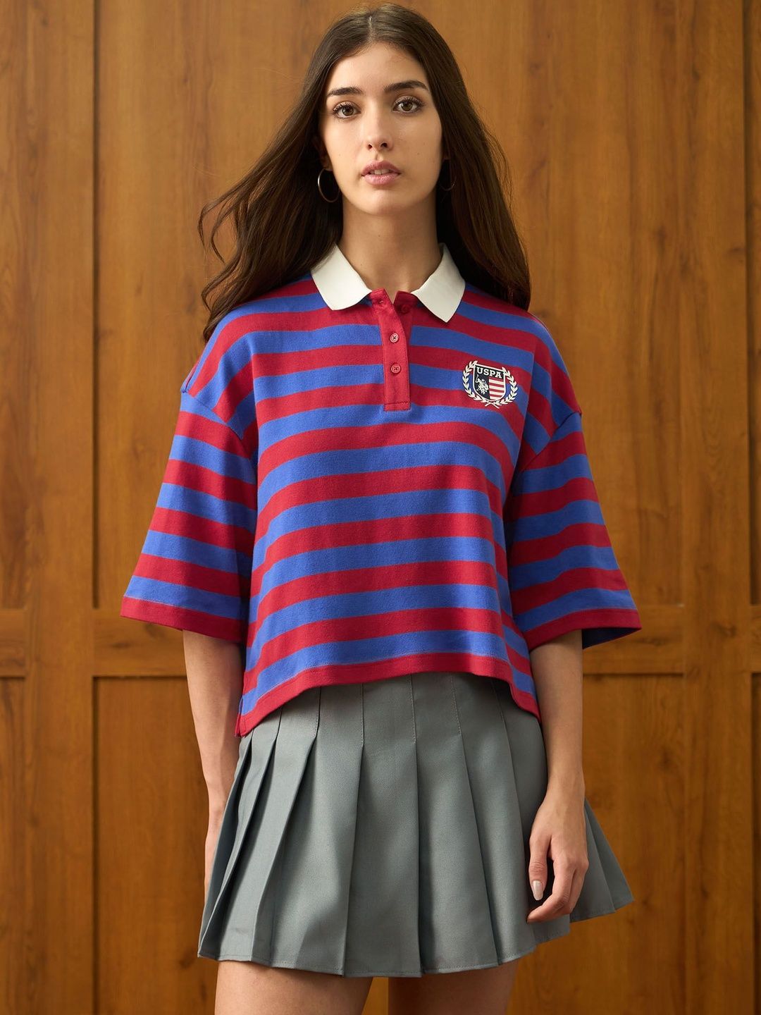 U.S. Polo Assn. Women Striped Polo Collar Cotton Boxy T-shirt-picture-30