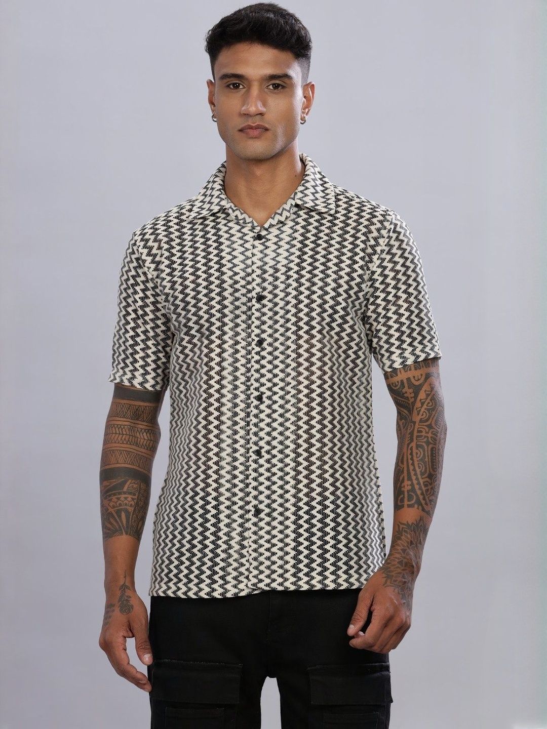 Kolor Fusion Men Cream Polyester Zigzag Relaxed Casual Shirt-picture-30