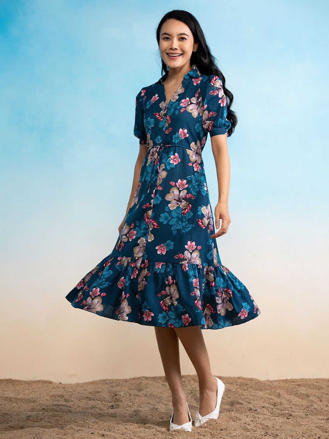 Raiyani Enterprise Floral Printed Tiered V-Neck Fit & Flare Maxi Dress-picture-15