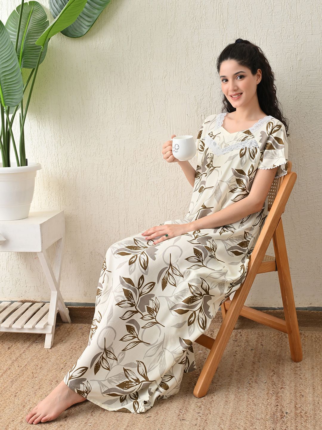 Ichaa Women Tropical Printed Round Neck Maxi Nightdress-picture-31