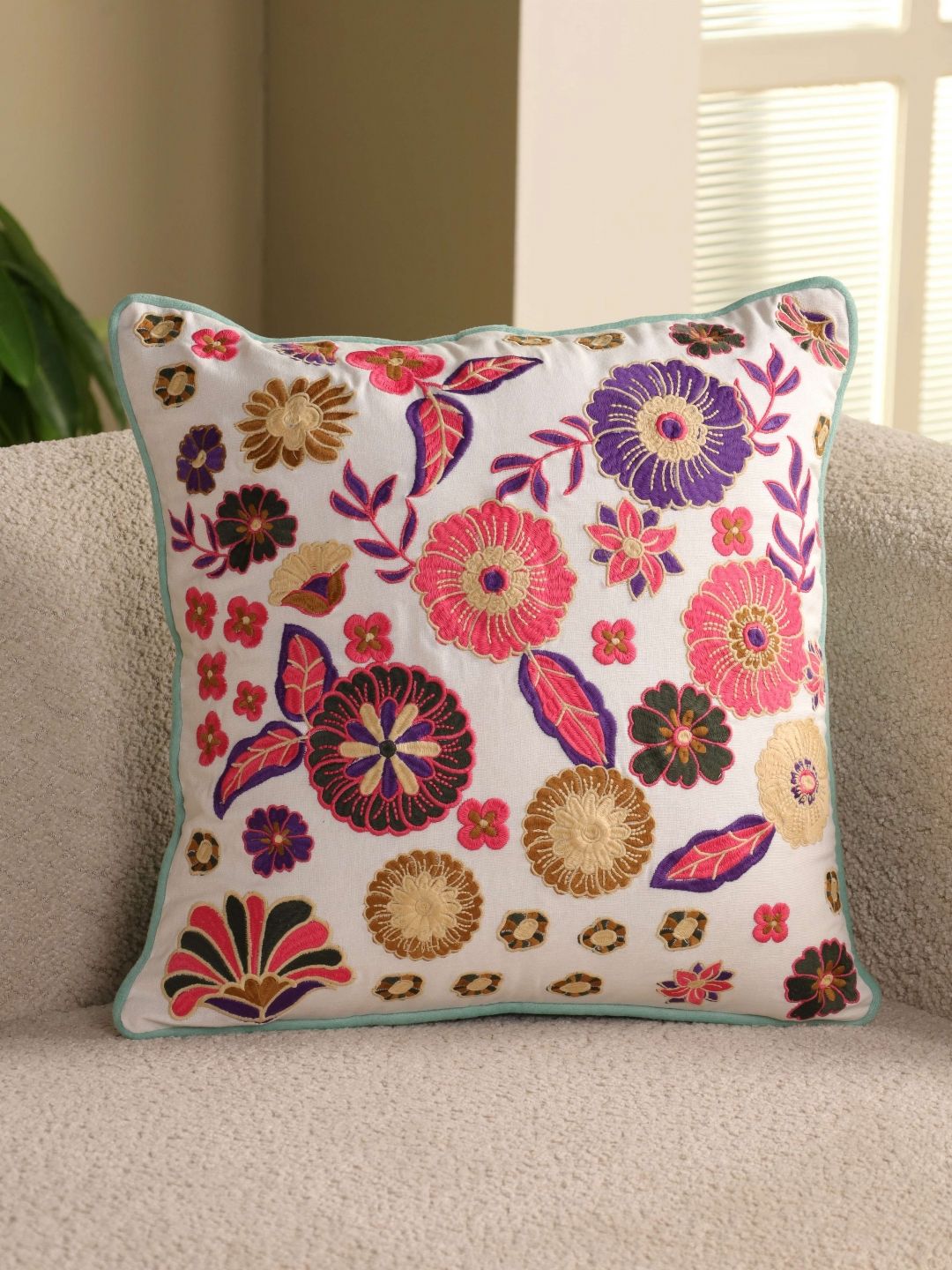 eyda Pink & White 2 Pieces Embellished Cotton Square Cushion Covers-picture-7