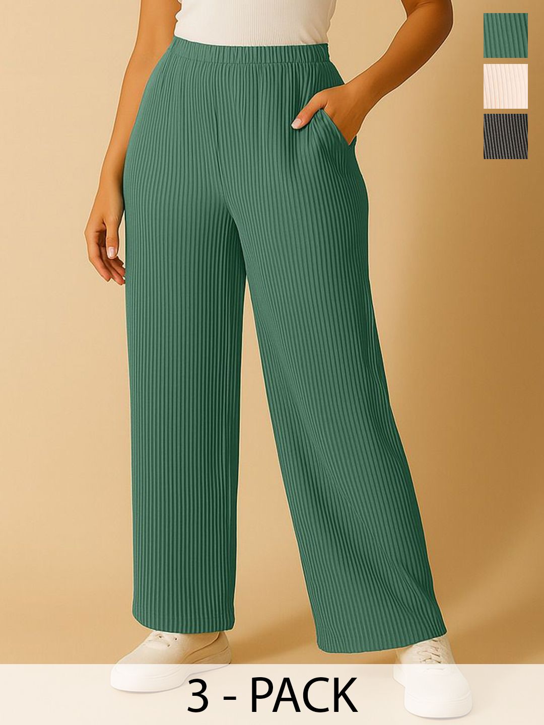 Fabflee Women Pack of 3 Self Design Wide Leg Mid-Rise parallel Trousers-picture-29