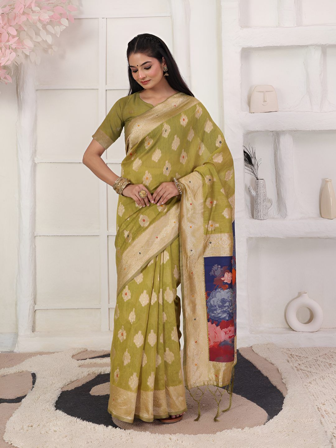 Astita Floral Woven Design Zari Linen Cotton Saree With Unstitched Blouse-picture-24