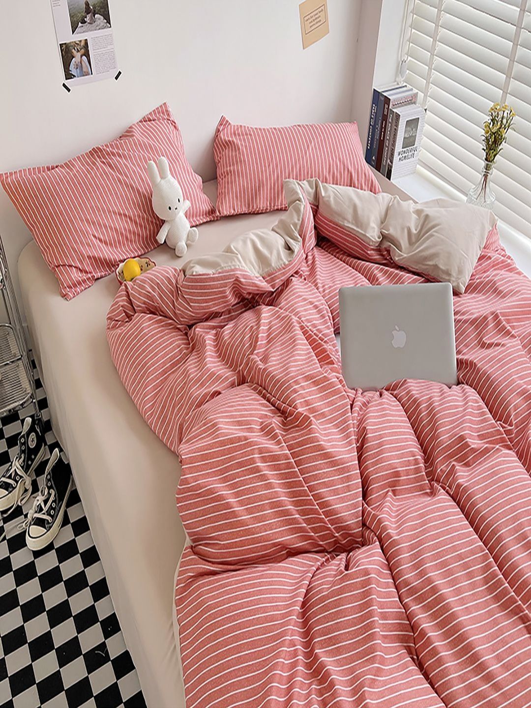 JC HOME Khaki & Pink Striped Printed AC Room Double Queen Bedding Set-image-26