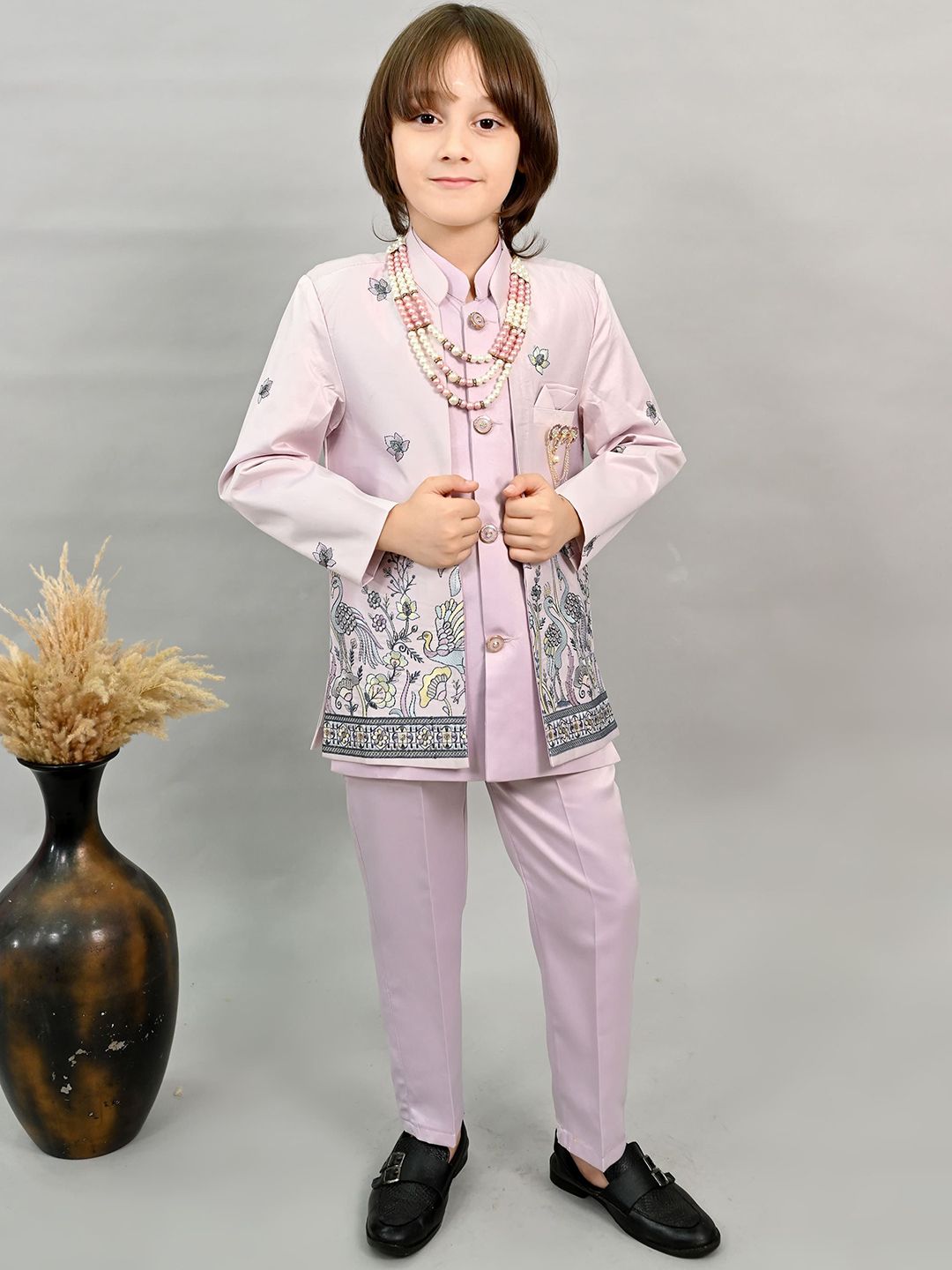 BT DEZINES Boys Peacock Floral Embroidered Satin Sherwani Set-image-24