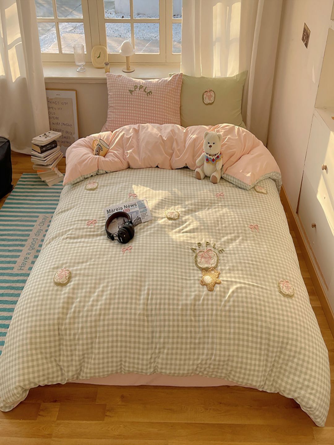 JC HOME Pink & Beige Checked 4 Piece Double Queen Regular Bedding Set