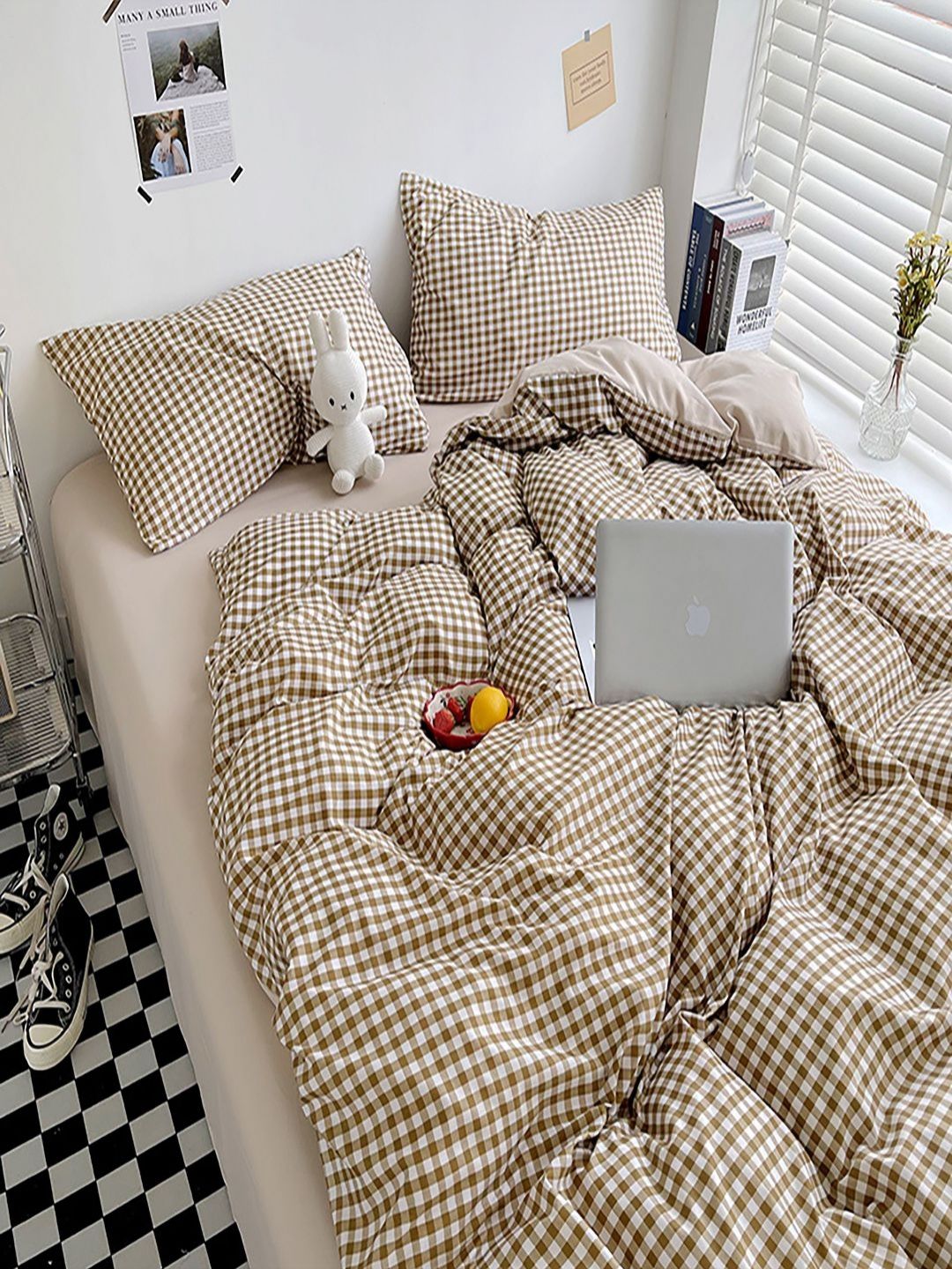 JC HOME Khaki & White Checked AC Room Double Extra Large Bedding Set-image-21