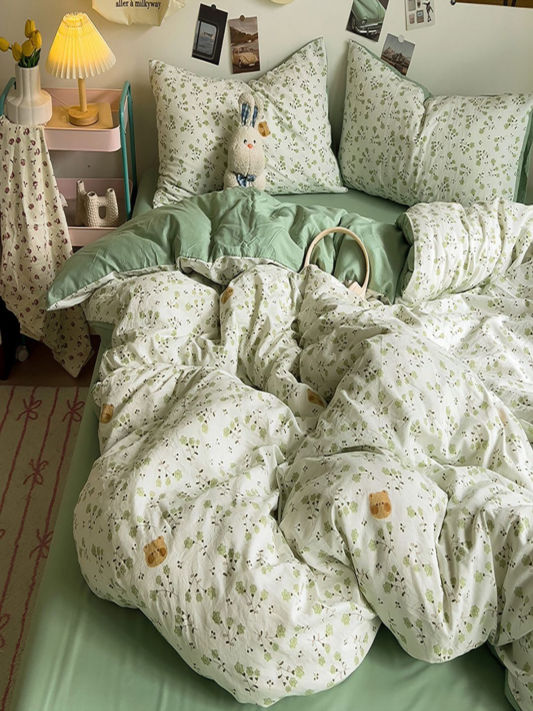 JC HOME Green & White Floral Printed Ac Room Double Queen Bedding Set-picture-35