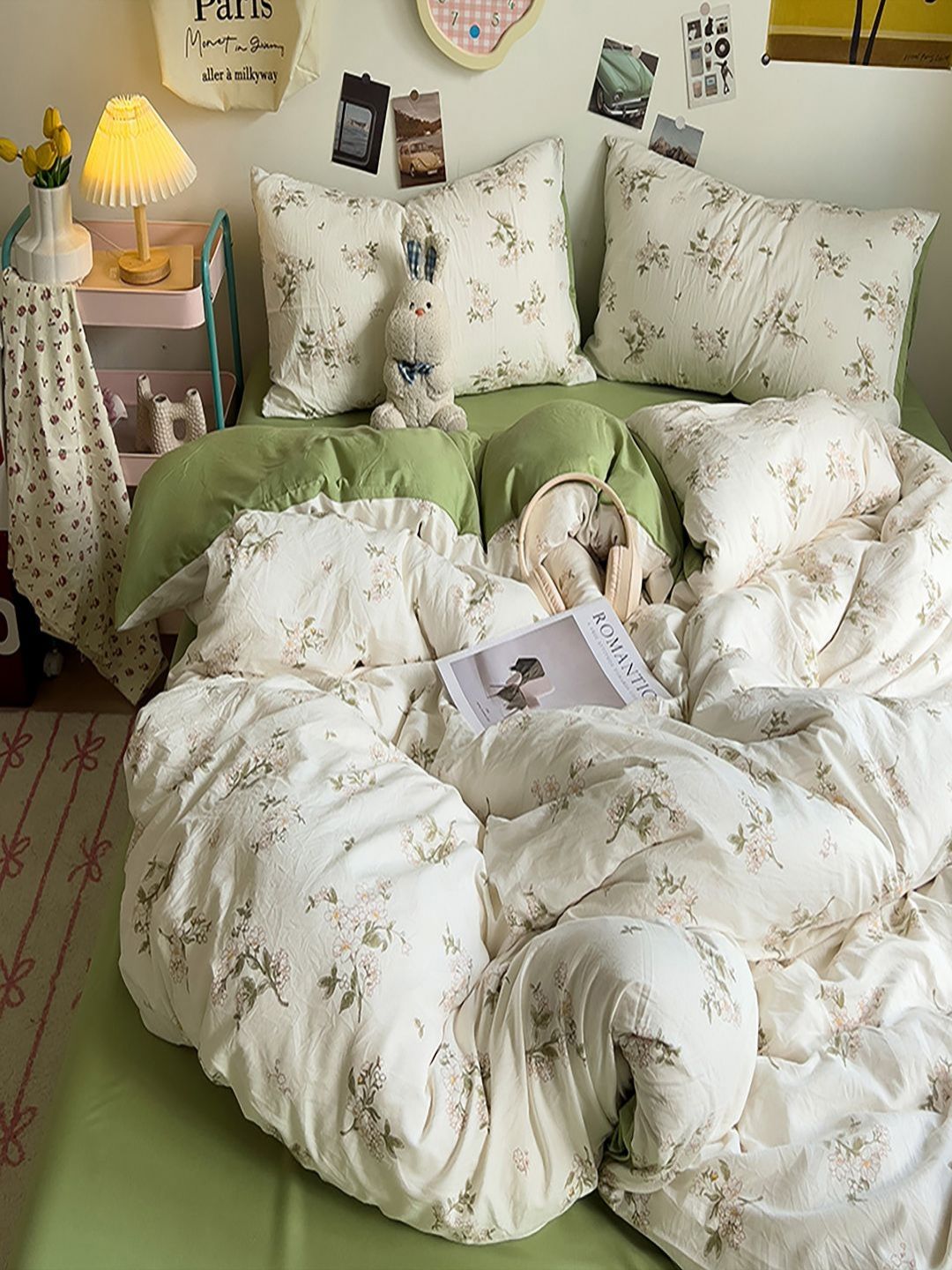 JC HOME Green & White Floral Printed AC Room Double King Bedding Set-picture-33