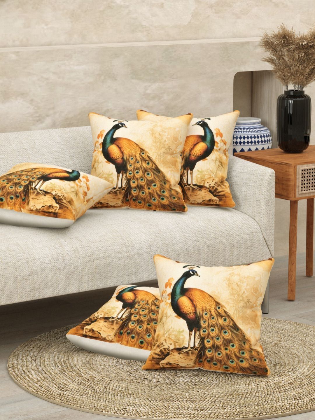 JAIPUR FABRIC Beige & Teal 5 Pieces Ethnic Motifs Jute Cushion Covers-image-18