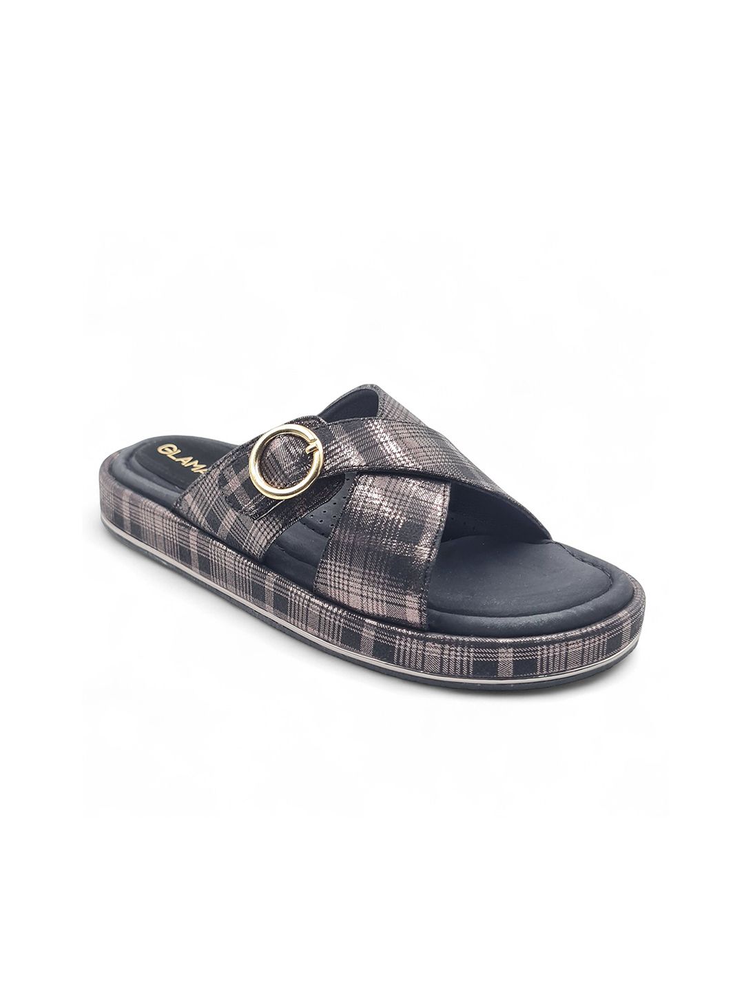 GLAMAURA Women Checked Open Toe Flats with Buckles-picture-28