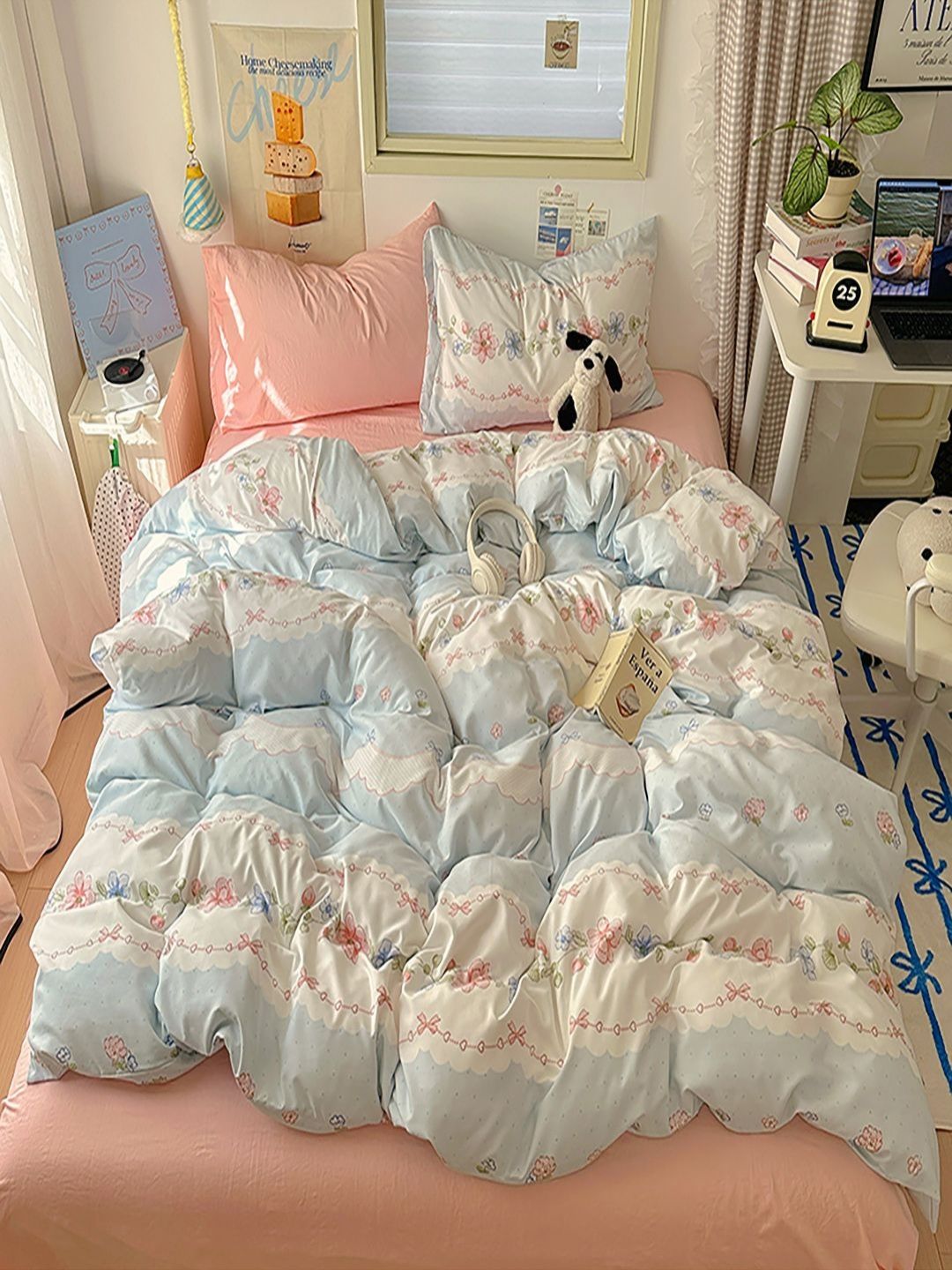 JC HOME Pink & Blue Floral Printed AC Room Double King Bedding Set-picture-13