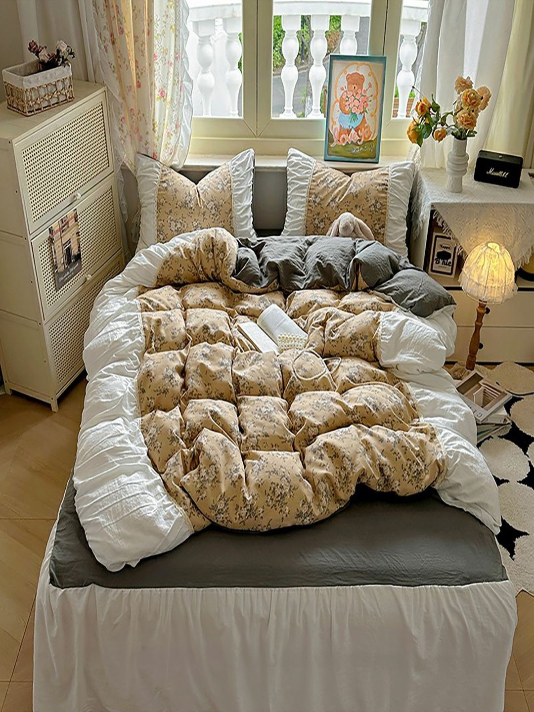 JC HOME Grey & Brown Floral 3 Piece Double King Regular Bedding Set-image-15