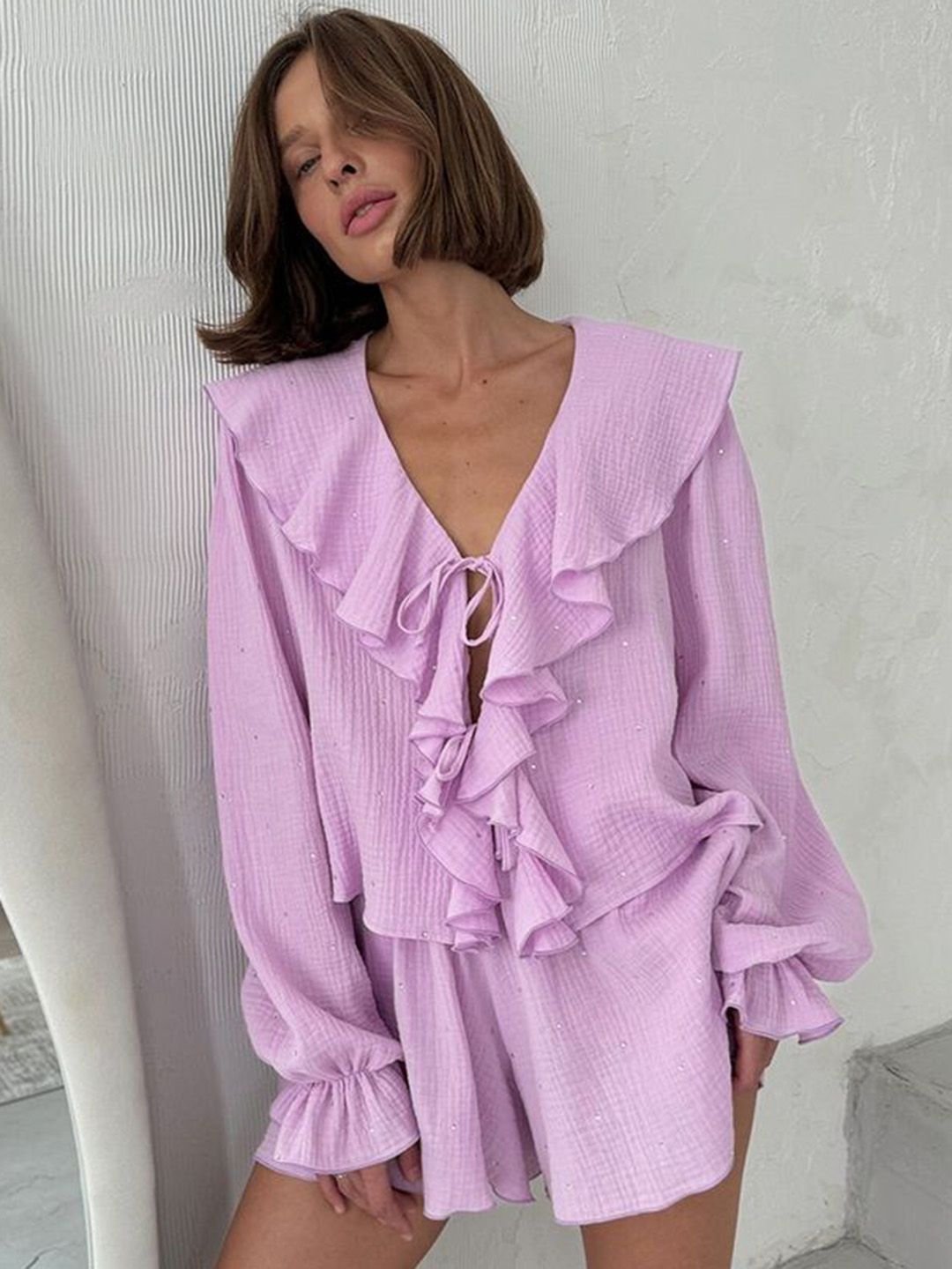 LULU & SKY Women V-Neck Pure Cotton Top & Shorts Loungewear Set-picture-10