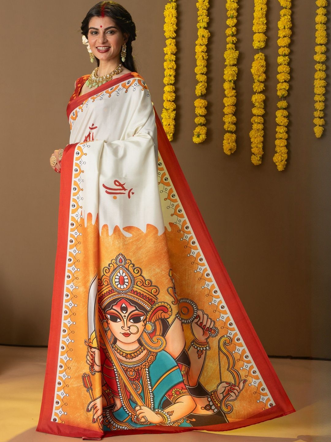 RACHNA Durga Maa Prints Dola Silk Ready To Wear Saree-image-15