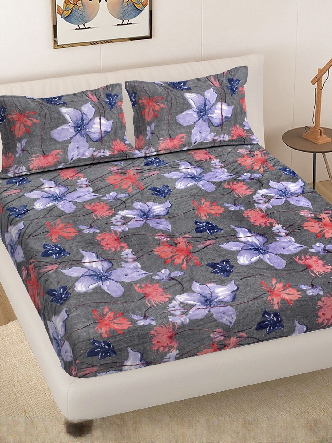 Myntra Elegant Homes Grey Floral 300 TC King Bedsheet with 2 Pillow Covers-picture-37
