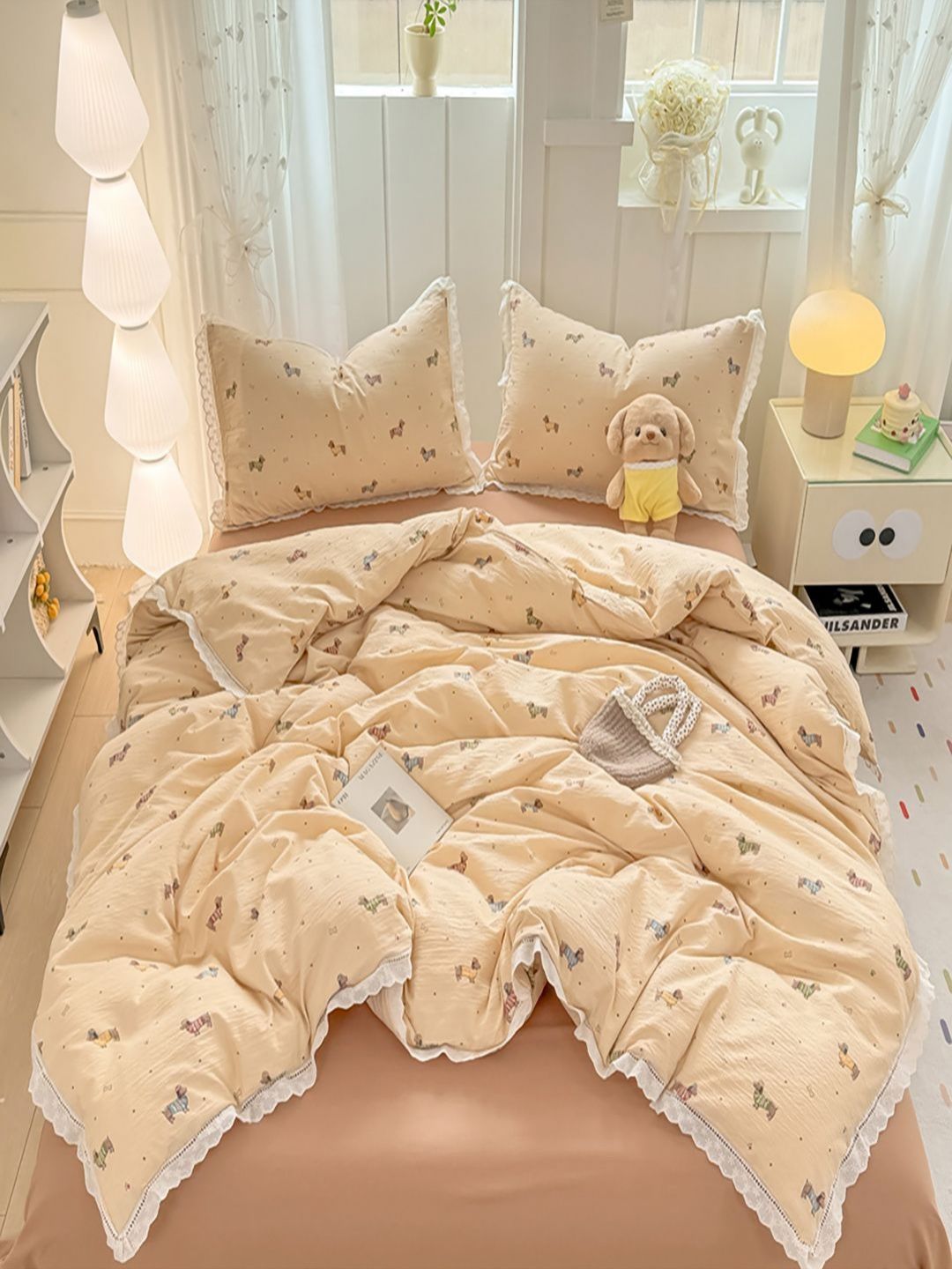 JC HOME Brown & Beige Quirky Printed AC Room Double Queen Bedding Set-image-10