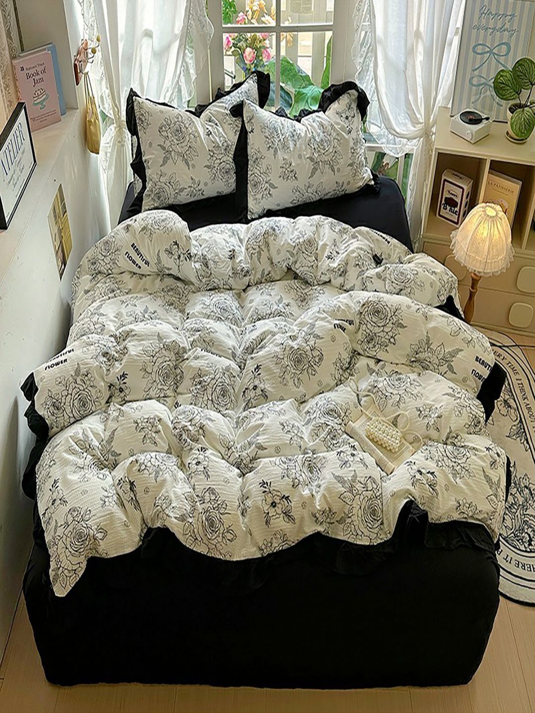 JC HOME Black & White Floral Printed AC Room Double Queen Bedding Set-picture-27