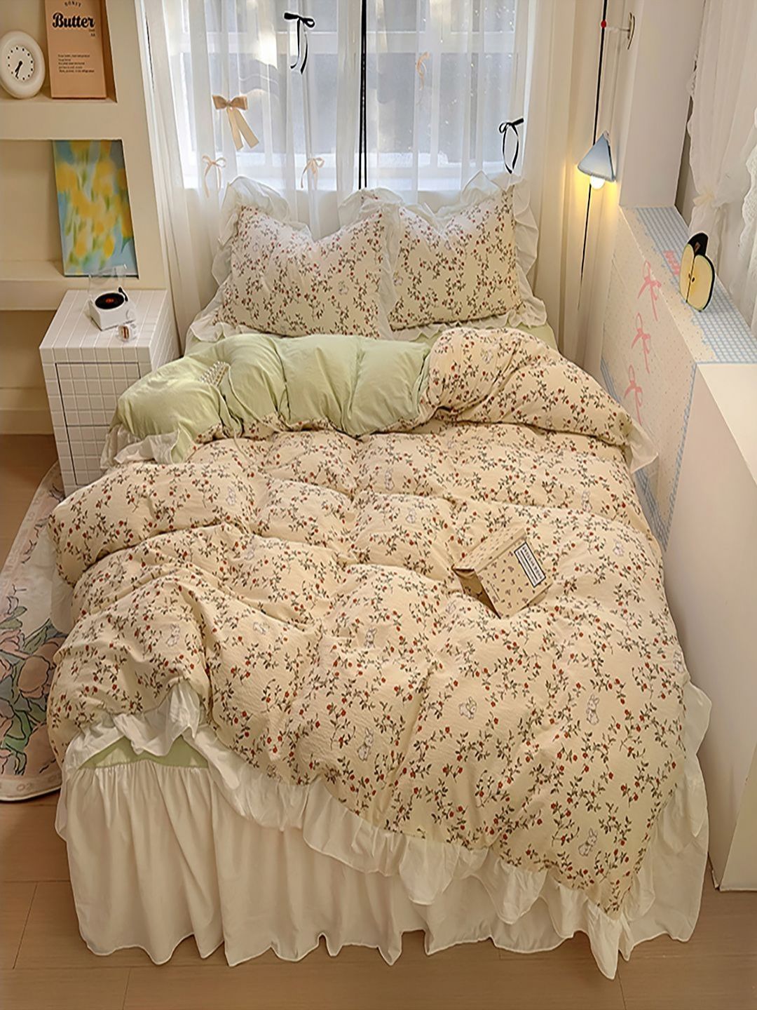 JC HOME Green & Beige Floral Printed Ac Room Double Queen Bedding Set-picture-13