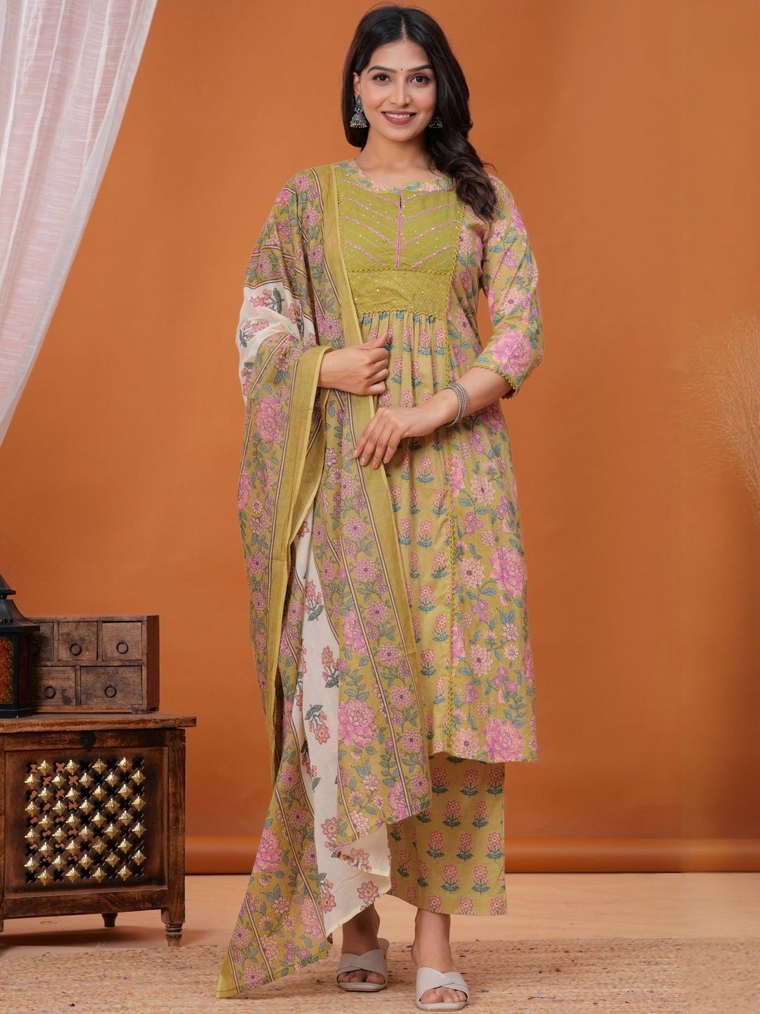 Kanahari Women Floral Printed Pure Cotton Anarkali Kurta with Palazzo & Dupatta-picture-19