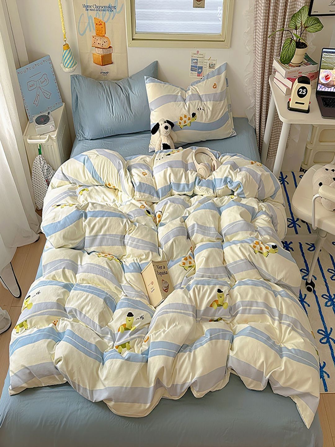JC HOME Blue & White Cartoon Characters Printed Ac Room Double Queen Bedding Set-picture-31