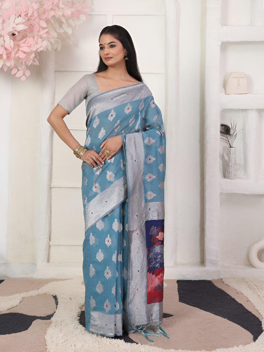 Astita Floral Woven Design Zari Linen Cotton Saree With Unstitched Blouse-picture-23