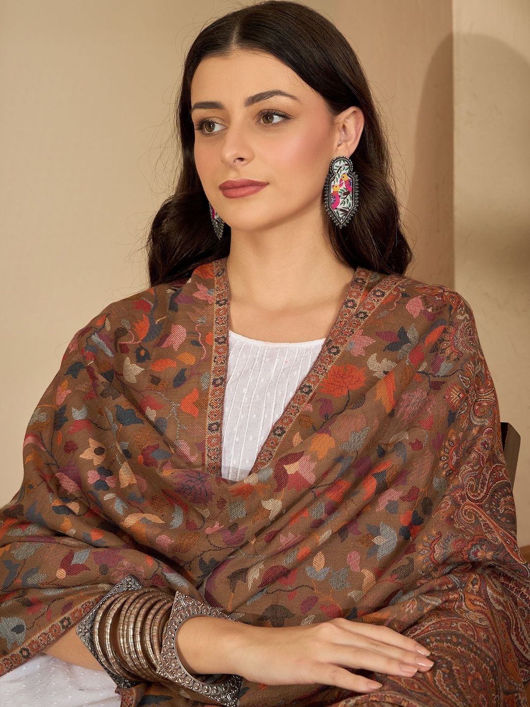 Sangria Women Printed Beige Shawl-image-33