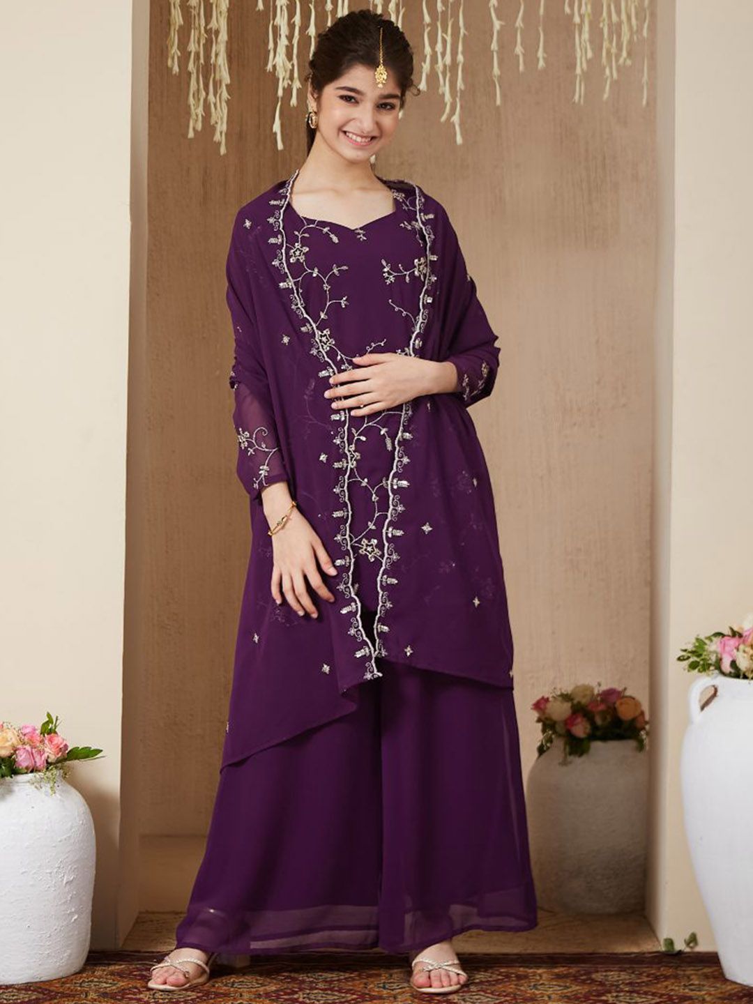 CurlyTales Girls Embroidered Empire Thread Work Kurti with Palazzos & With Dupatta-picture-11