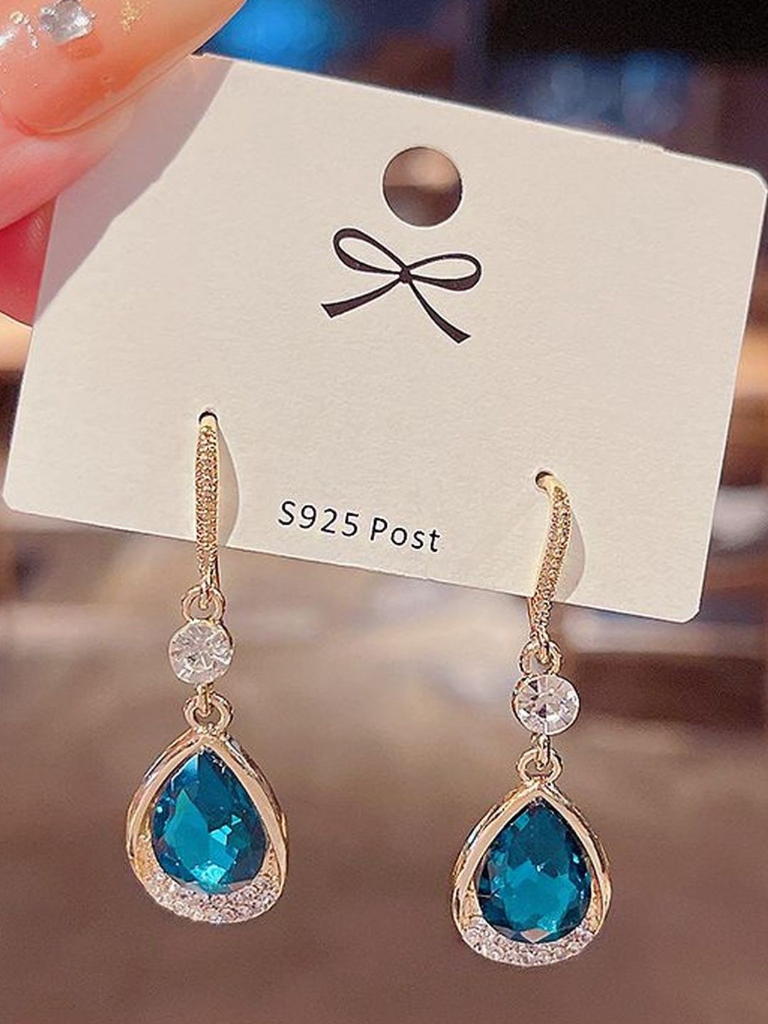 Celestique 925 Silver Artificial Stones Studded Korean Teardrop Shaped Drop Earrings-picture-26