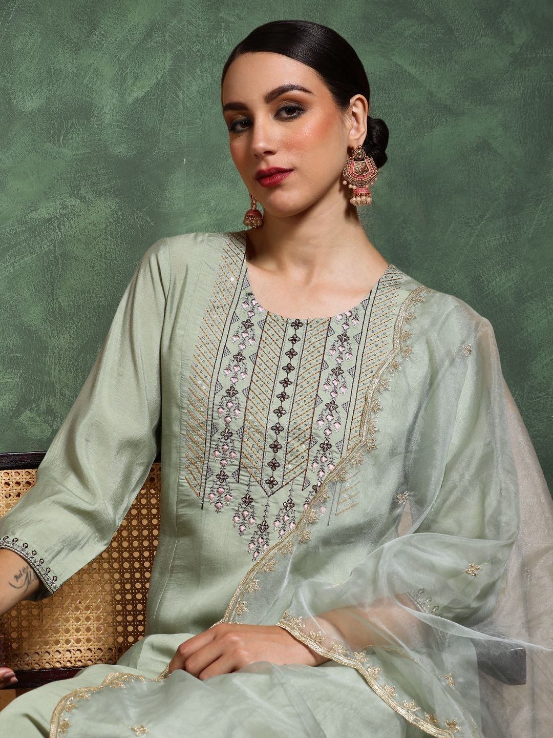 Varanga Ethnic Motifs Embroidered Round Neck Thread Work Kurta With Trousers & Dupatta-picture-39