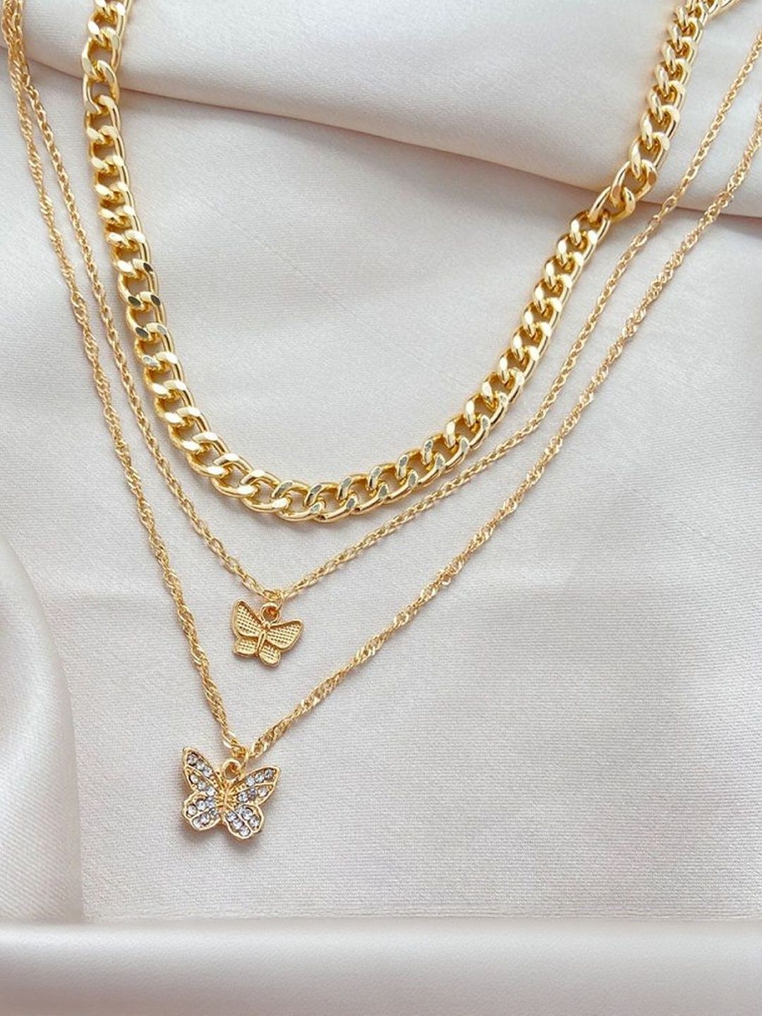 TheVineGirl Gold-Plated Three Layered Studded Butterfly Chain Necklace-image-29