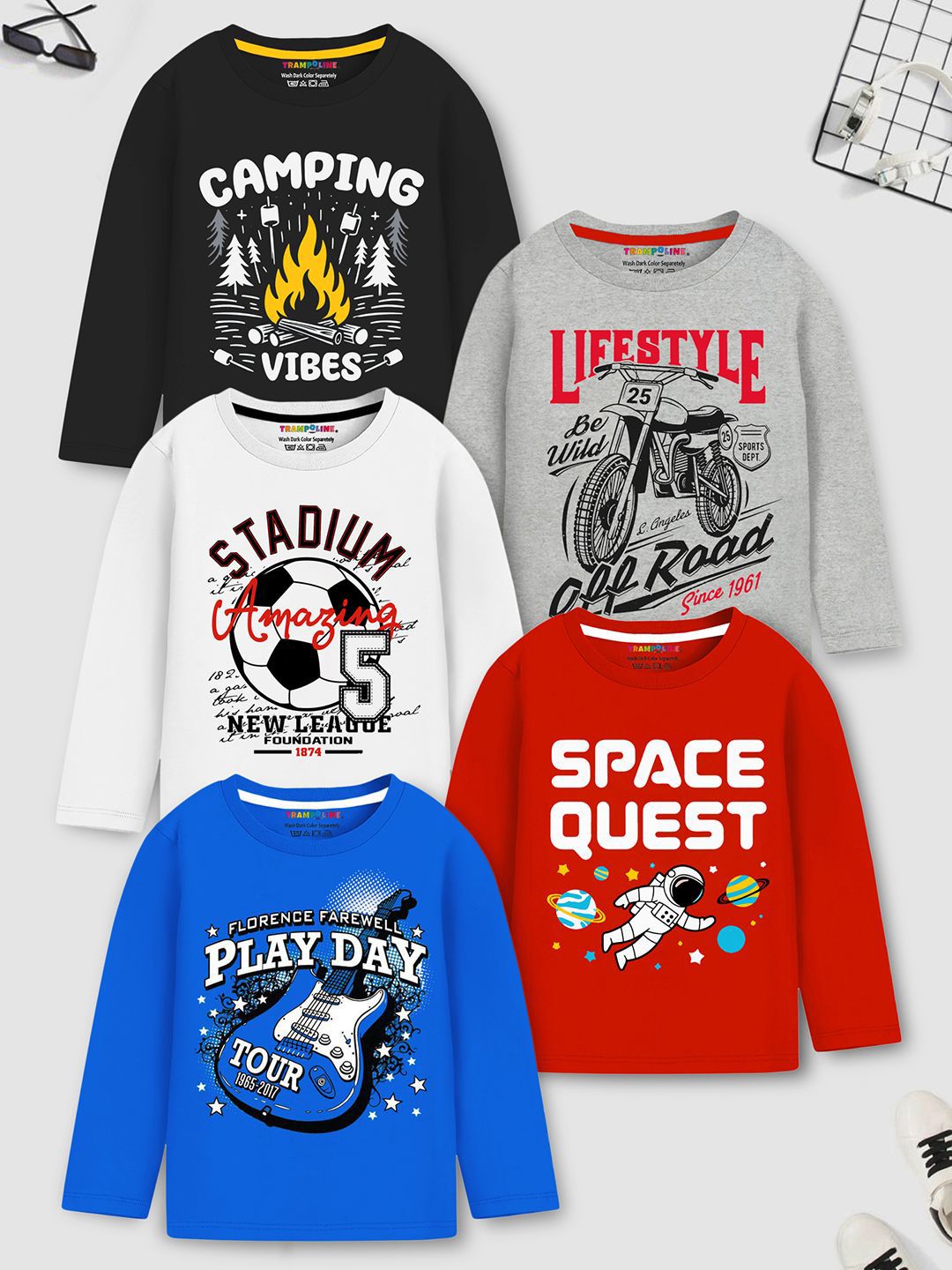 YK X Trampoline Boys Pack Of 5 Typography Printed Round Neck Cotton T-shirts-picture-25