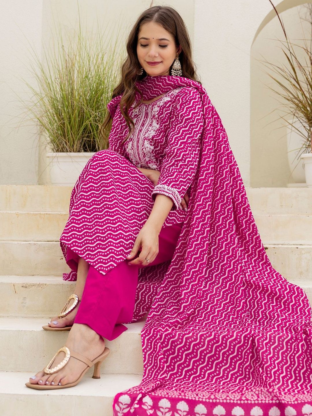 SKYLEE Women Bandhani Printed Kurta with Trouser & Dupatta-picture-35