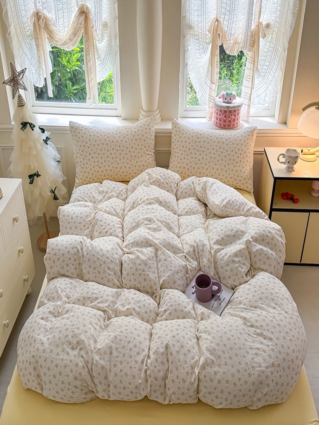 JC HOME White & Yellow Floral Printed AC Room Double Queen Bedding Set-picture-13