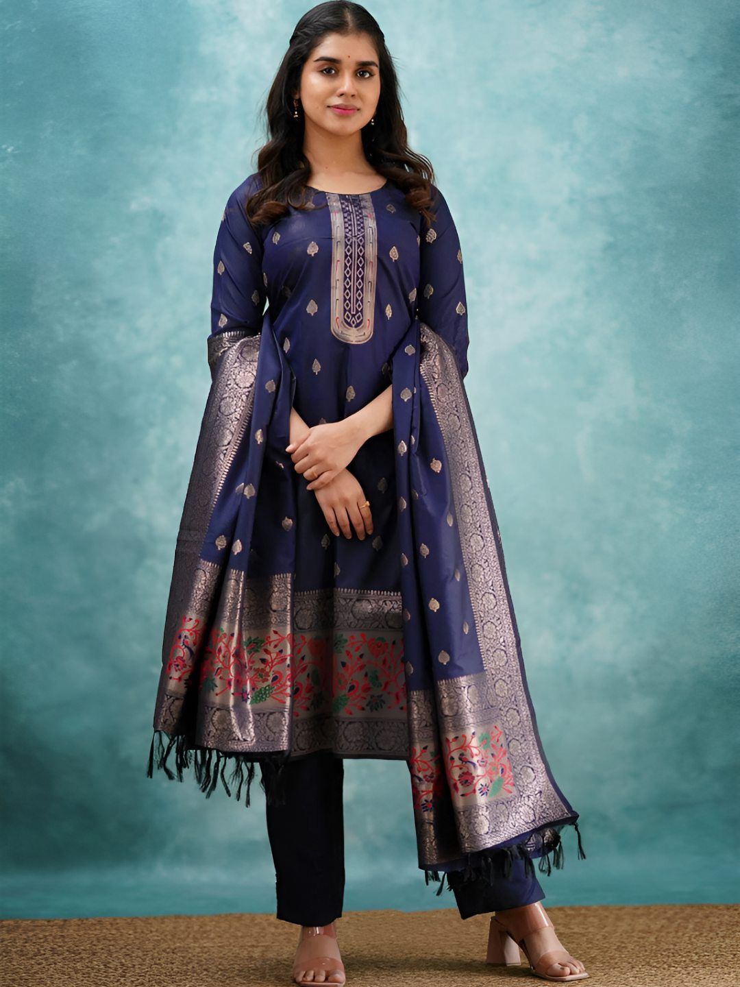 AG TEXTILE Woven Design Round Neck Straight Kurta With Trousers & Dupatta-image-2