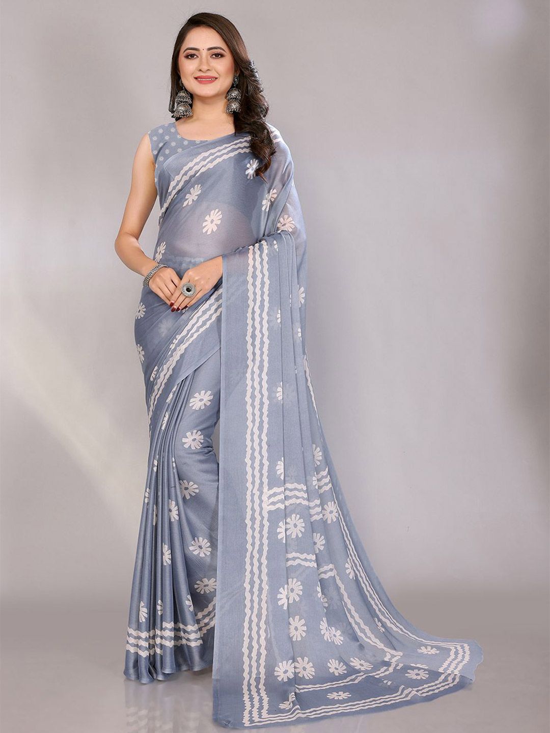 FABMORA Floral Printed Pure Chiffon Saree With Blouse Piece-picture-33