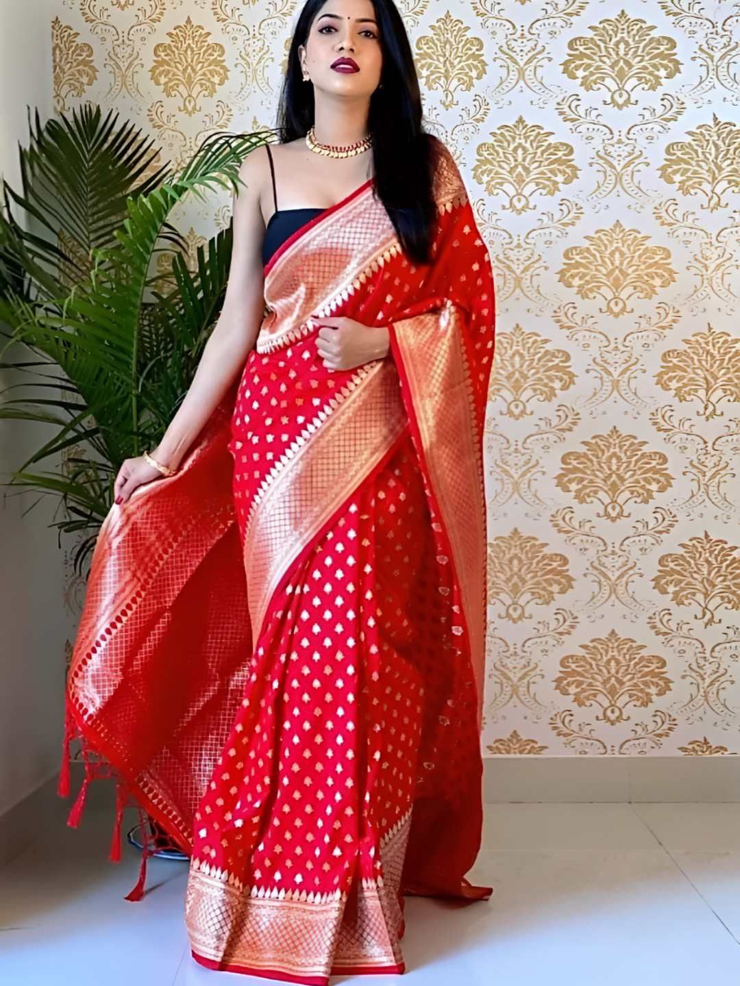 SWEETPEL Ethnic Motifs Woven Design Zari Banarasi Saree-picture-12